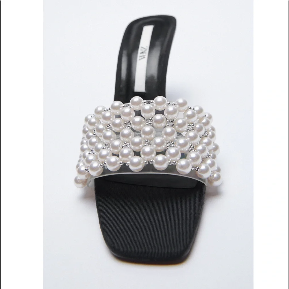 Zara Pearl Detail Square Toe Heel Sandals Size 9/40 - Picture 4 of 7